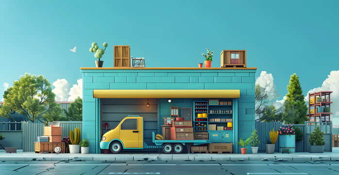 A blue and yellow building with a truck parked in front of it