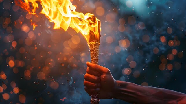 A male hand holding a burning torch on an abstract background. Olympic games