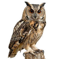 A large brown owl is perched on a wooden post