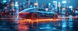 © auttawit - A futuristic car is driving through a city with a bright orange glow. The car is surrounded by a glowing mist, giving it a sense of movement and speed. The cityscape is filled with tall buildings