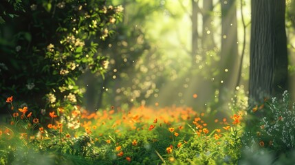 Natural dorest of woods with sunbeams through fog and leaves branch create mystic atmosphere. sunny morning in green forest