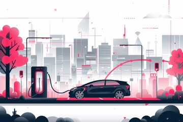 Wall Mural - A car is charging at a charging station in a city. The city is shown in the background with tall buildings