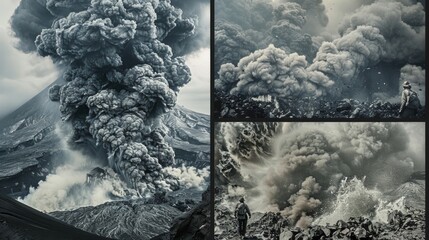 Wall Mural - a montage of images showing the destructive power of pyroclastic flows leaving nothing but ash and d
