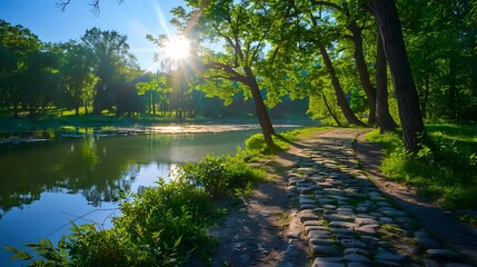 Wall Mural - Beautiful colorful summer spring natural landscape with a lake in Park surrounded by green foliage of trees in sunlight and stone path in foreground.