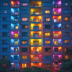 Wall Mural - Brightly colored city buildings with lights on. 