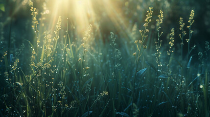 Wall Mural - Grass background with sun beam, Soft focus abstract nature background