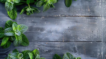 Wall Mural - Mint leaves placed on a gray wooden surface