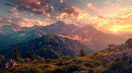 Wall Mural - Nature panorama mountain landscape at sunset,