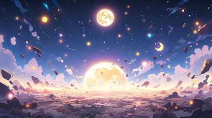 Wall Mural - Fantasy sky, moon, beautiful starry sky illustrations, human moon day natural scene wallpaper illustrations