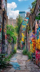 Wall Mural - An old brick wall in a city covered with layers of graffiti and street art. 