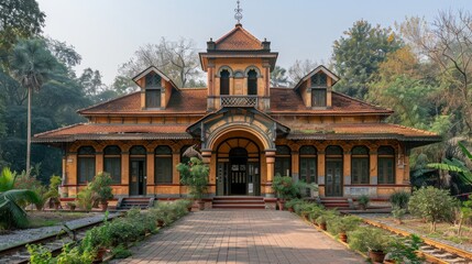 Wall Mural - Vintage train station building with architectural charm, a landmark of railway history.