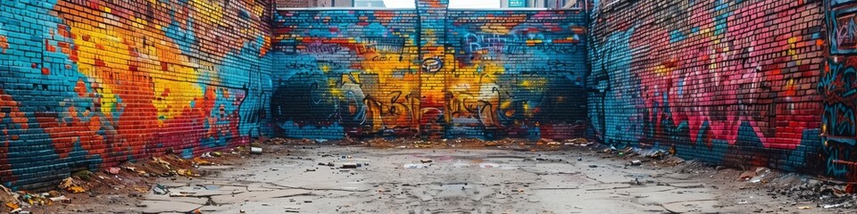 Wall Mural - An old brick wall in a city covered with layers of graffiti and street art. 