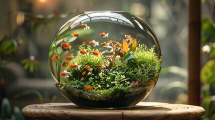 A glass bowl with fish and plants in it