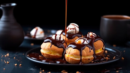 round profiteroles poured chocolate on dark plate, dark background