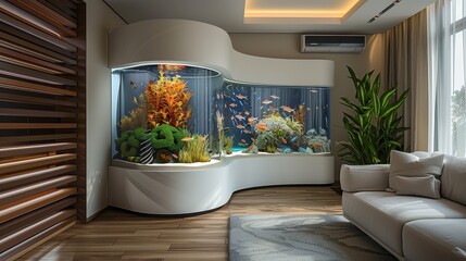 A living room with a large fish tank in the middle and a couch on the right