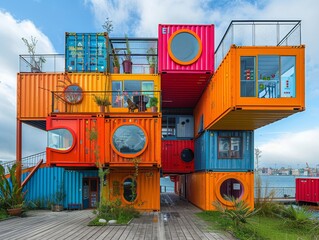 Vibrantly colored shipping containers painted and made into stacked houses. 