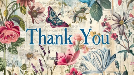 Thank you background on rustic newsprint background with floral decoration. Flower pattern vintage.