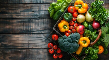 Fruit and vegetable basket with vegetables on a wooden background. A flat lay of fresh organic food for a healthy lifestyle.