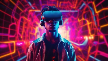 People wearing VR goggle while enter metaverse with neon color background. People with VR headset against abstract neon pattern background. Concept of virtual reality and futuristic technology. AIG35.