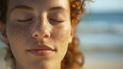 The close up picture of the person is relaxing at beach with calm and peaceful on face, the meditation require concentration, patience, relaxation, awareness, mindfulness, emotion management. AIG43.