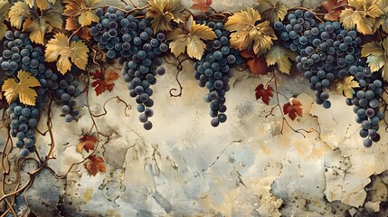 Wall Mural - Ripe grapes hanging from vines with colorful autumn leaves against a rustic, textured wall.