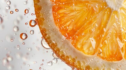 Poster - A high-resolution macro photograph of an orange slice releasing a cascade of glistening juice droplets, set against a crisp white background.,