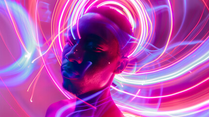 A human head surrounded by light and electromagnetic waves from electronics, illustrating the psychological impact and health issues due to electromagnetic radiation.