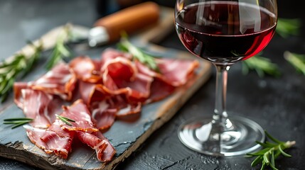 Wall Mural - Glass of red wine and sliced prosciutto with rosemary 
