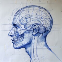 Wall Mural - Sketch of the brain inside the head, AI generated Image