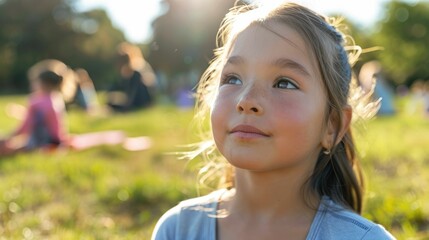 Canvas Print - A young girl with curly hair is happily standing on the grass in the park. She is smiling, having fun, and enjoying her leisure time in nature AIG50