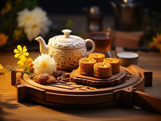 Wall Mural - Superb Midautumn festival traditional food concept beautiful moon cake on black slate table