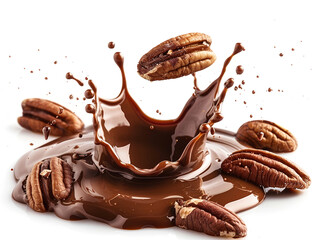 Pecan nuts in chocolate cream splash.