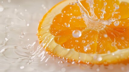 Poster - A photorealistic image of an orange slice releasing a stream of juice that forms a perfect arc, captured on a clean white background.