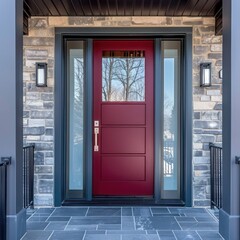 Wall Mural - Modern Vibrant Maroon Front Entrance Door with Horizontal Glass Panel, Frosted Sidelites, Sleek Silver Metal Exterior, Sunny Day