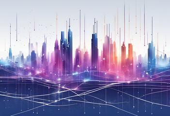 Wall Mural - Futuristic cityscape featuring gradient lines and abstract dots, symbolizing smart city infrastructure and advanced technology.