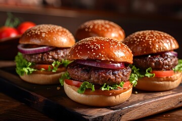 Two juicy beef burgers with lettuce, tomato, and cheese on the buns sitting side by side on an old wooden table. A slice of red onion is placed between them and surrounded by tomatoes and salad leaves