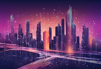 Wall Mural - Smart city skyline featuring gradient lines and abstract dots, symbolizing futuristic technology and innovation.