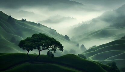 Serene landscape of rolling green hills, bathed in the soft glow of dawn, evoking tranquility and beauty. The image captures the vastness of nature with detailed brushwork that brings