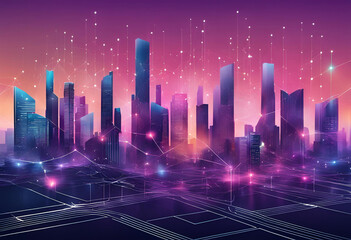 Wall Mural - Modern cityscape with vibrant lights and abstract lines, symbolizing data connection and AI technology.