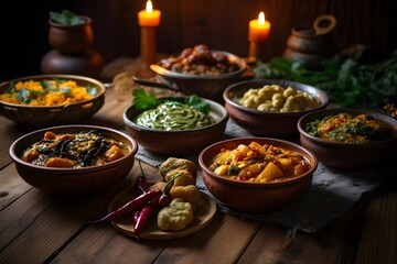 Table full of dishes from different countries, such as goulash soup in two large pots with cream on top and several small bowls filled with various vegetables