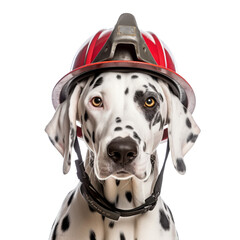 Wall Mural - Dalmatian dog wearing a firefighter helmet isolated on transparent or white background