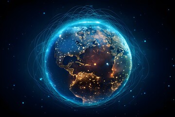 Wall Mural - blue digital globe with glowing connections forming the shape of asian and european cities, symboliz