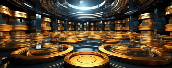 A futuristic data center with golden elements and circular structures, representing the concept of cryptocurrency and blockchain technology.