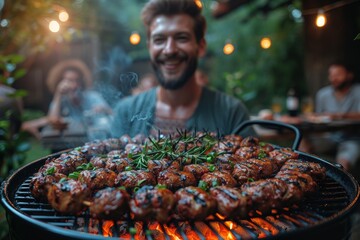 Wall Mural - A group of people is having an outdoor party and grilling some barbecues at the same time, in the bright sunshine.