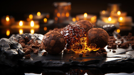 Poster - chocolate truffle, dripping chocolate, on a slate, on an oak table, against a dark background