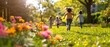 © rookielion - Children running and playing tag on a sunny day in a spacious park, with bright flowers and wellmaintained lawns