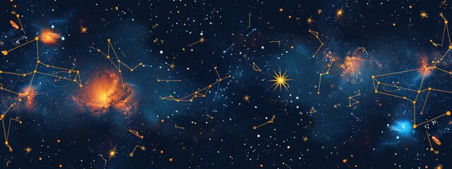 Wall Mural - Constellations and stars forming a celestial pattern. seamless illustration pattern.