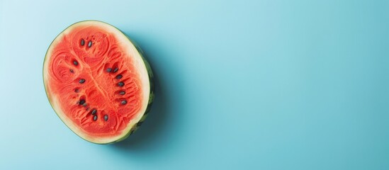 Refreshing Summer Vibes: Vibrant Red Watermelon Against a Cool Blue Backdrop, Evoking a Summery Feel. Presented in a Flat Lay Style with Copy Space, Perfect for Summer Themes.