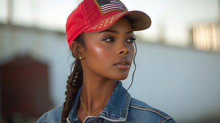 Wall Mural - African-American female - red white and blue blouse - United States flag colors - red white and blue - stylish - fashion model - white background  - hat 