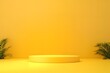 © Kdhtdg - 3d render yellow background with empty podium scene and golden wheat leaves on right side. minimal pedestal display platform for product presentation, mock up showcase